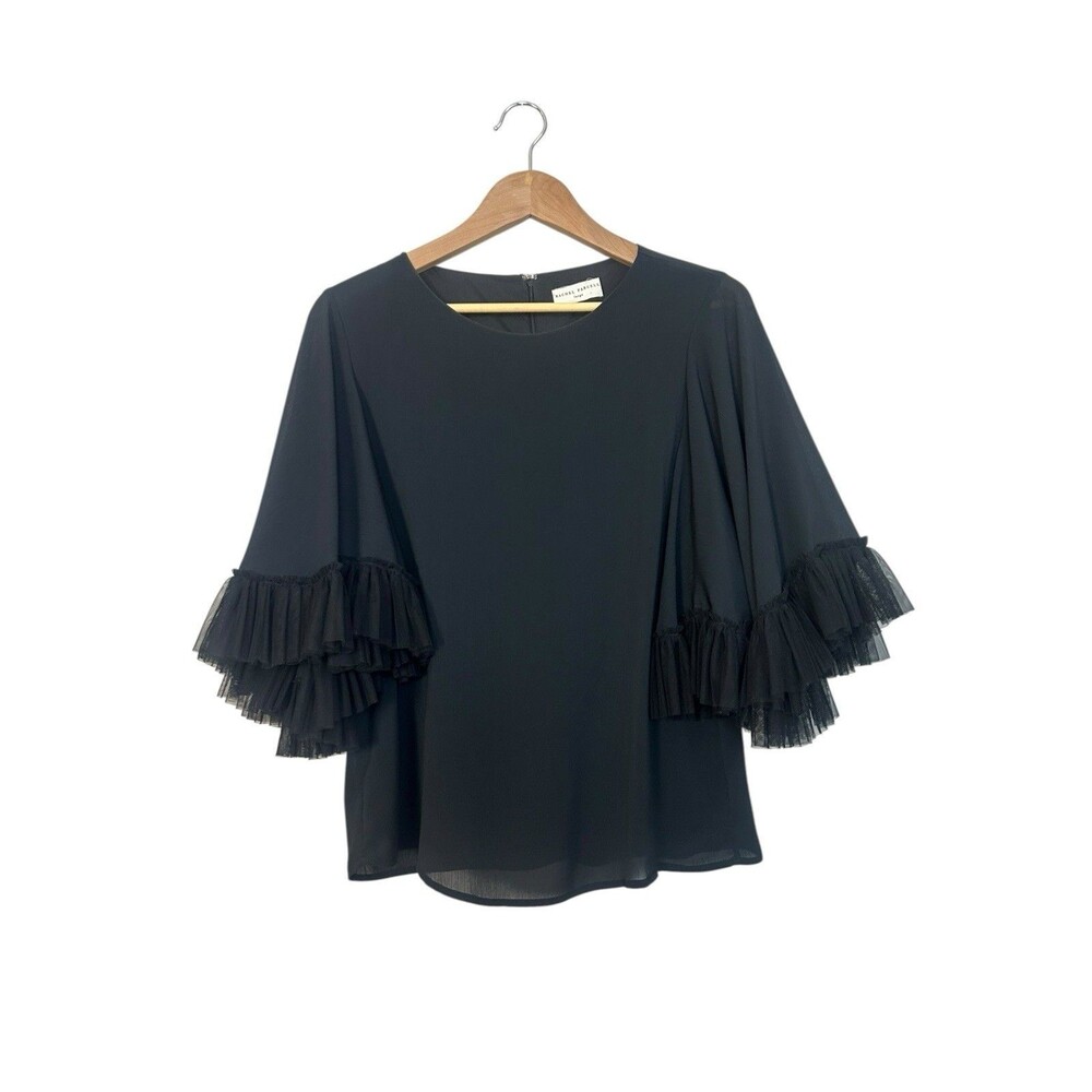 Rachel Parcell Top Womens Large Black Ruffle Tulle Sleeve Blouse Ruffle Sleeve